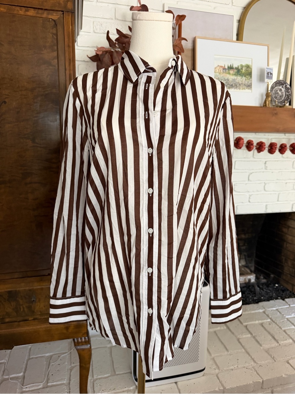 Like New Talbots Chocolate Brown and White Vertical Stripe Button-Down Shirt